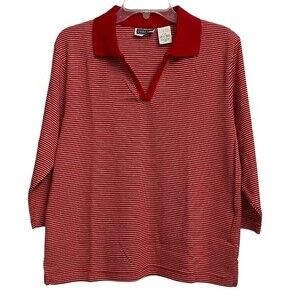 Erika & Co Women's Polo Pullover Shirt Size L Red White Stripes 3/4 Sleeves